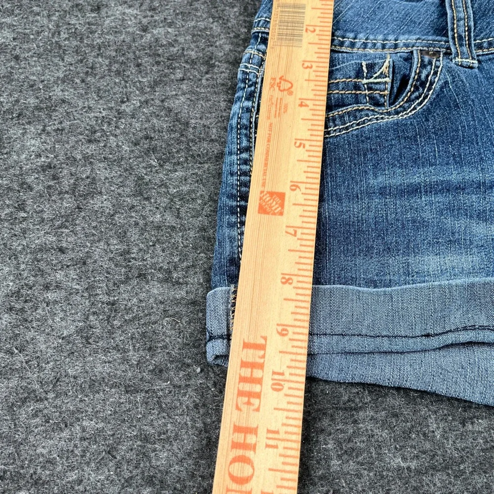 Wall Flower Rolled Hem Shorts Womens 5 Blue Denim Ramie Stretch Whiskers Detail
